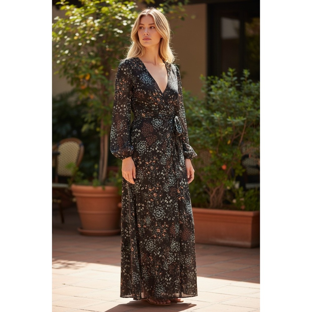 Boho Floral Maxi Dress Prairie Peasant Cottagecore Open Sleeve Romantic M